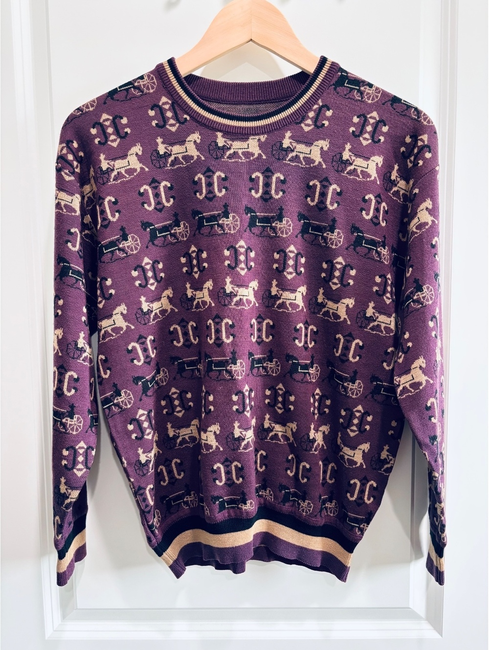 Vintage Monogram Horse & Carriage Knit Sweater - Purple/Gold  Size S